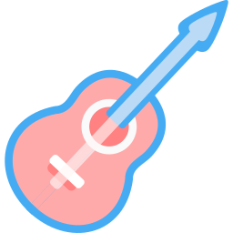 An acoustic guitar where the headstick is semi-triangular forming a Mars-sign along with the neck and sound hold. Likewise, the sound hole, strings, and bridge form a Venus sign. The image is in the pink, blue, and white transgender pride colors.